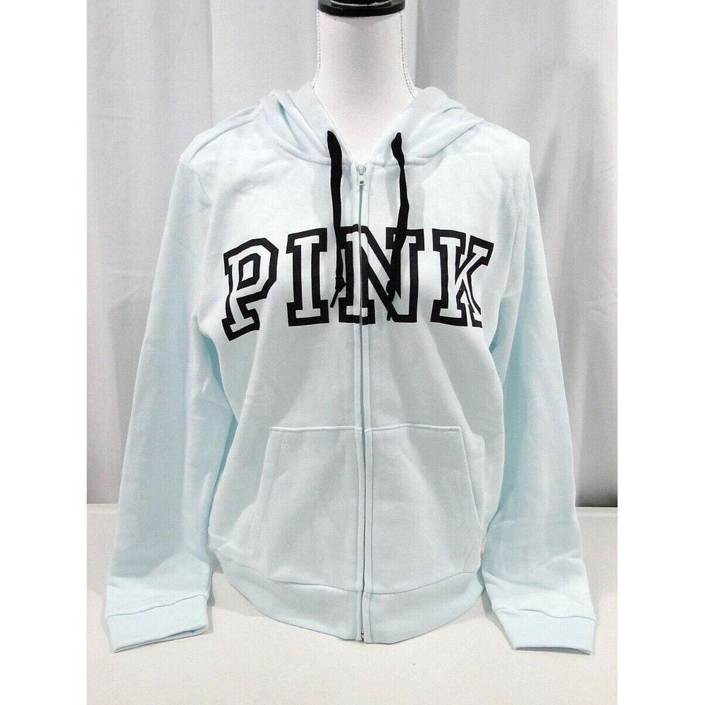 Victoria's Secret PINK Perfect Full Zip‎ Hoodie Block Logo Mint Green Large New